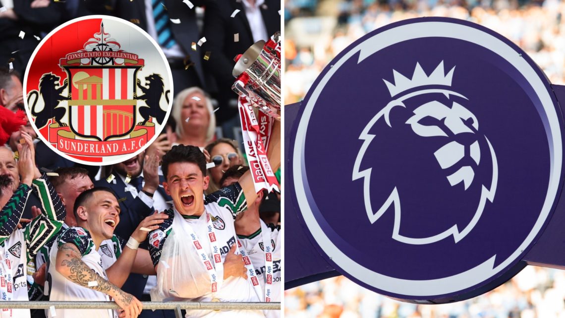 Sunderland players celebrate play-off final win, Premier League and Sunderland badge inset