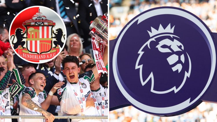 Sunderland players celebrate play-off final win, Premier League and Sunderland badge inset