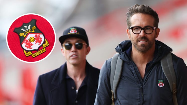 Wrexham owner Ryan Reynolds and Rob McElhenney, and Wrexham badge inset