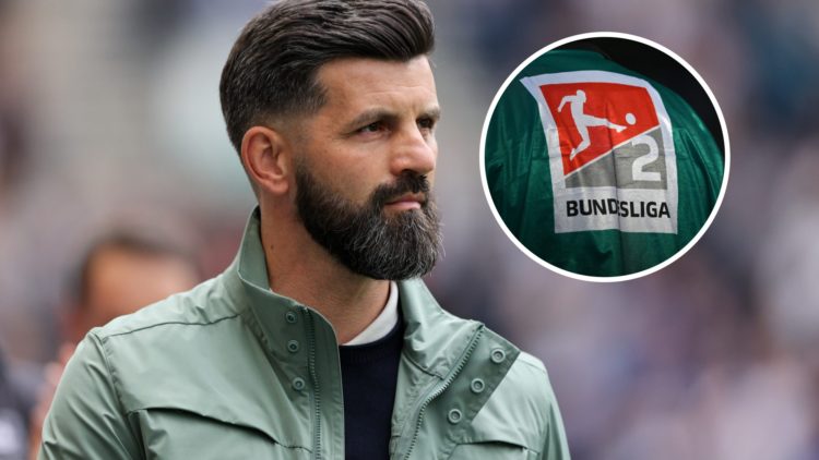 Miron Muslic during time as Plymouth Argyle manager, and inset, Bundesliga 2 logo