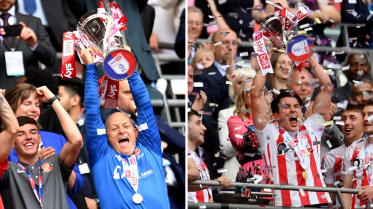 Alex Neil and Luke O'Nien lift League One play-off final trophy