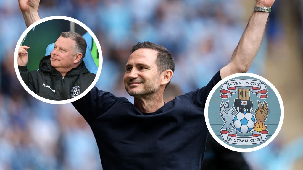 Coventry City manager Frank Lampard. Inset, Coventry City badge and Mark Robins during his time at Coventry.