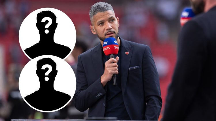 Jobi McAnuff working as a pundit for Sky Sports during a live broadcast, an inset of mystery men