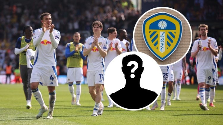 Leeds United players celebrate promotion. Inset, Leeds United badge and mystery player graphic.