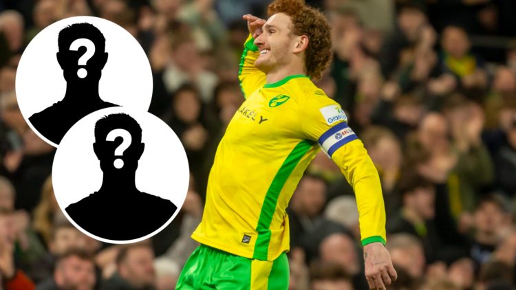 Josh Sargent celebrates scoring a goal for Norwich City during a Championship game, an inset of two mystery men
