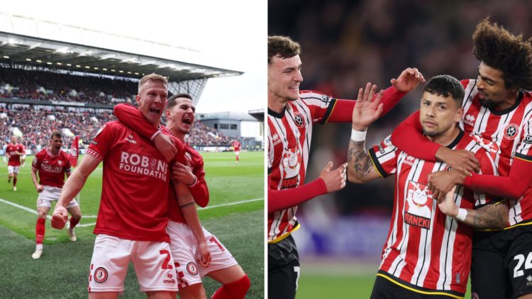 Ross McCrorie [L] celebrates scoring for Bristol City, Gustavo Hamer [R] celebrates scoring a goal for Sheffield United
