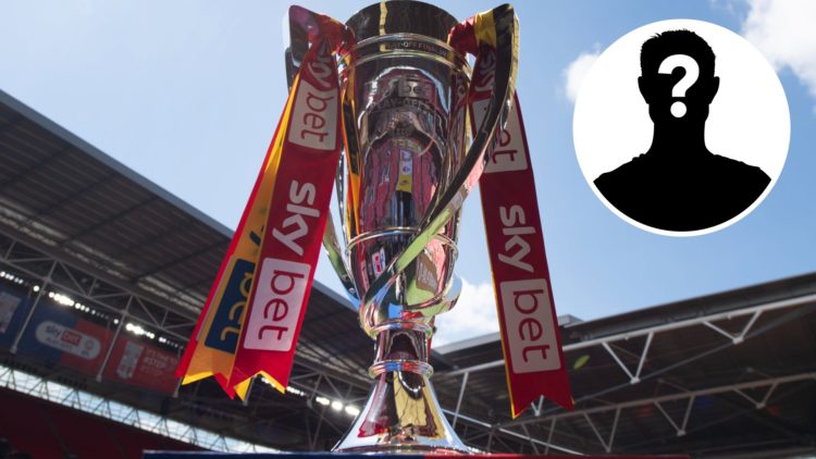 A general view of the Sky Bet Championship play-off final trophy, an inset of a mystery man