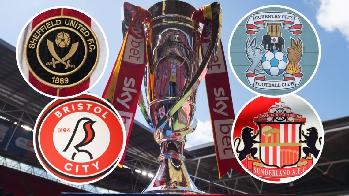Championship play-off trophy. Inset, Sheffield United, Sunderland, Coventry, and Bristol City badges.