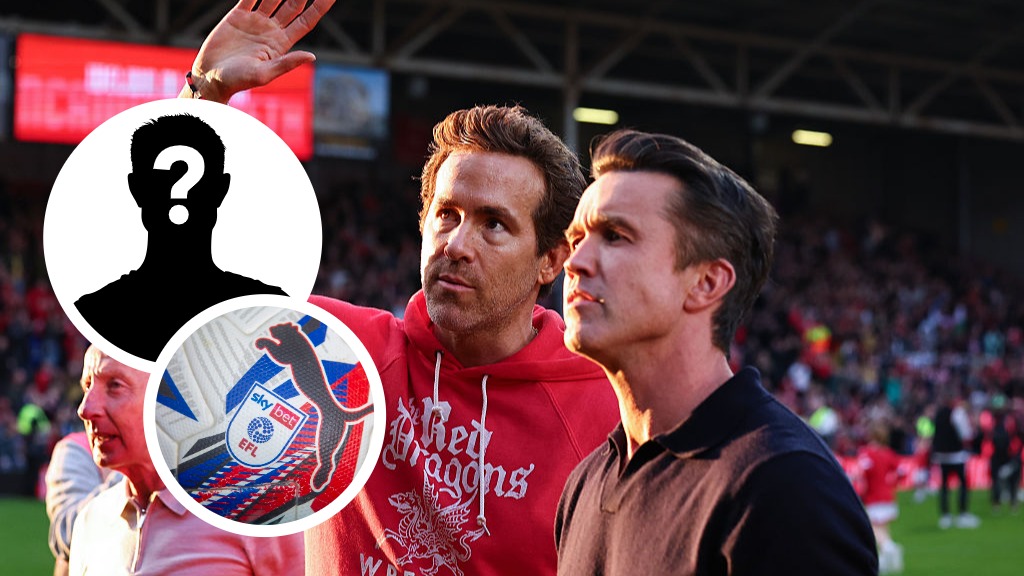 Wrexham owners Ryan Reynolds and Rob McElhenney. Inset, mystery graphic and EFL football.