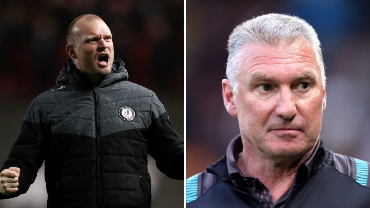 Liam Manning [L] celebrates a win at Bristol City manager, Nigel Pearson [R] watches Bristol City from the dugout as manager