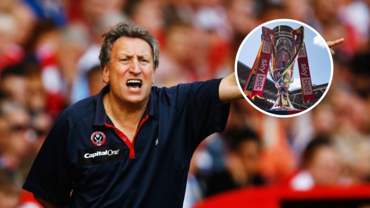 Neil Warnock shouts at his Sheffield United team during a game, an inset of a generic view of the play-off trophy at Wembley Stadium