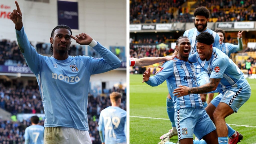 Coventry City's Haji Wright salutes the fans as he celebrates scoring his and his side's third goal during the Sky Bet Championship match between C...
