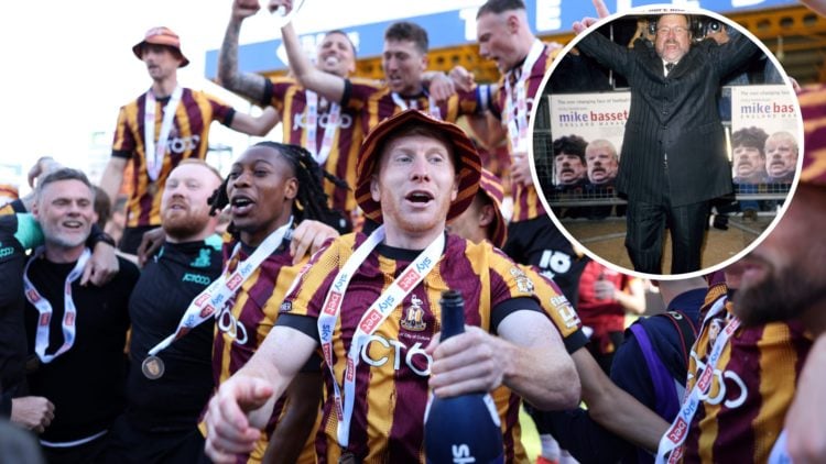 Bradford City's players celebrate winning promotion to League One, Ricky Tomlinson attends the premiere of Mike Bassett: England manager