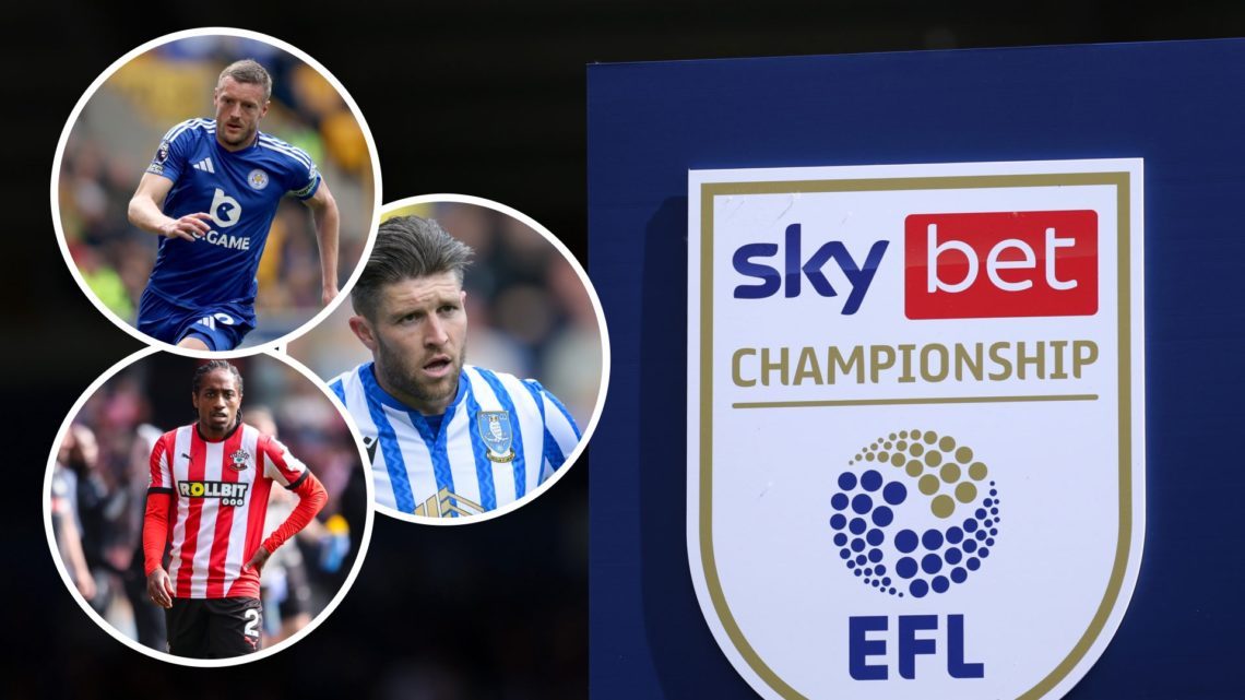 Sky Bet Championship logo. Inset, Jamie Vardy, Kyle Walker-Peters, Josh Windass.