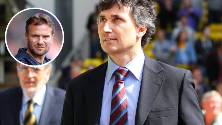 Watford owner Gino Pozzo arrives at Vicarage Road, an inset of former Watford manager Tom Cleverley watching from the dugout