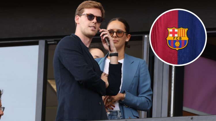 Sunderland owner Kyril Louis-Dreyfus watches on during a friendly, an inset of the Barcelona badge