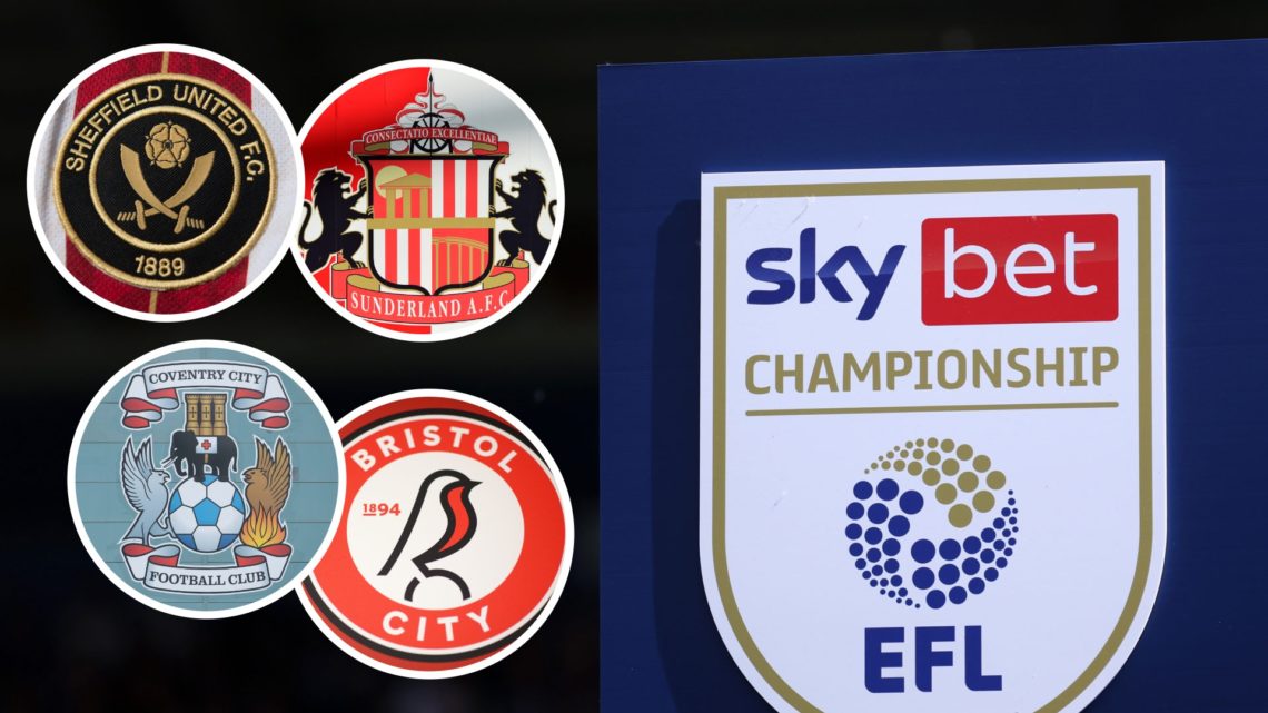 Sky Bet Championship logo. Inset, badges for Sheffield United, Sunderland, Coventry, and Bristol City.