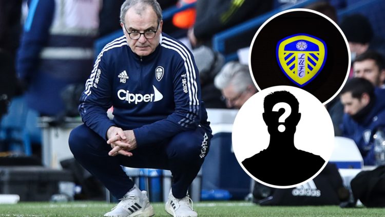 Marcelo Bielsa crouches down to watch his Leeds United side, inset of a generic shot of the Leeds United badge, inset of a mystery figure