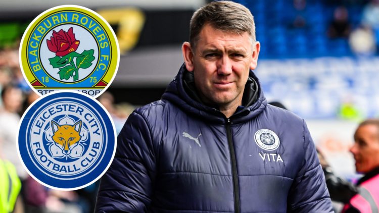 Stockport County manager Dave Challinor watches on during a League One match, two insets of the Leicester City and Blackburn Rovers badges