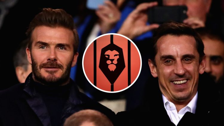 An image of David Beckham and Gary Neville with an inset of the Salford City badge