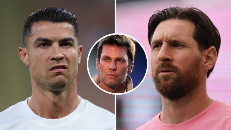 Cristiano Ronaldo and Lionel Messi look on. Birmingham City's Tom Brady pictured at St Andrew's stadium.