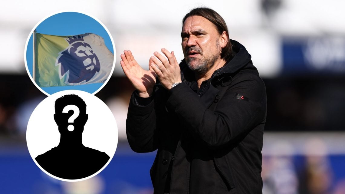 An image of Daniel Farke with insets of the Premier League badge and mystery player