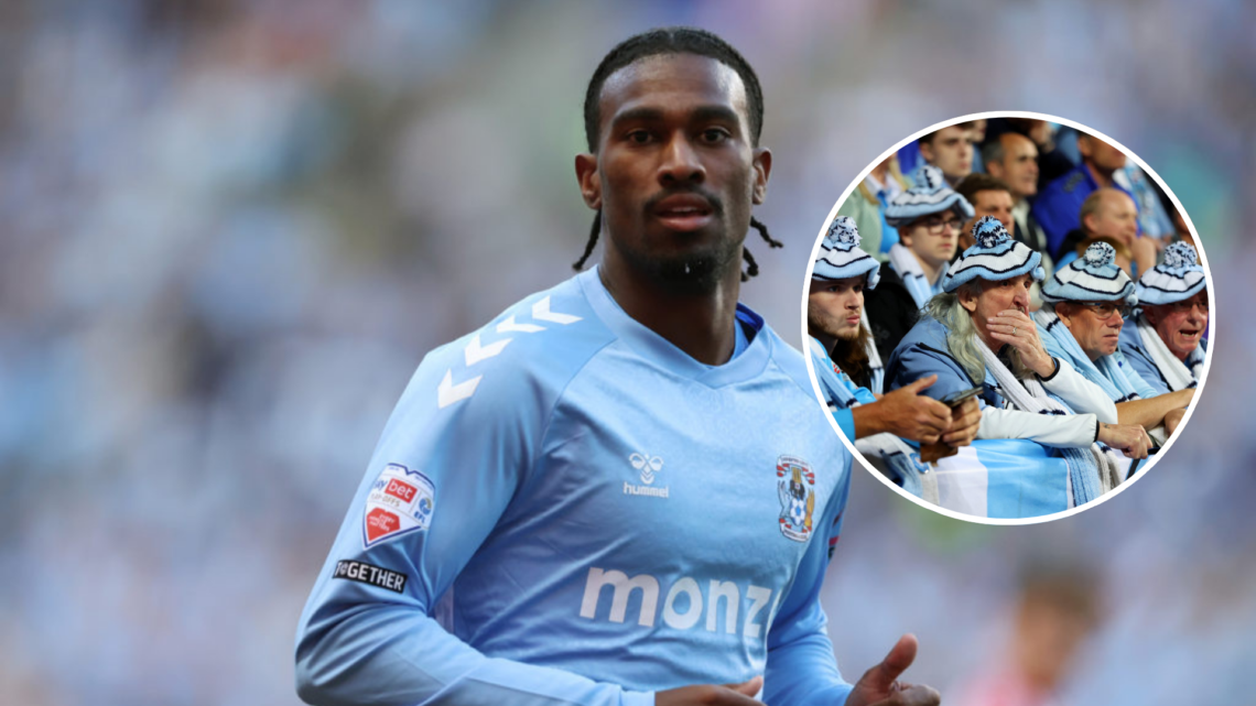 Haji Wright of Coventry City during the Sky Bet Championship Play-Off Semi Final First Leg match between Coventry City and AFC Sunderland. Inset, F...