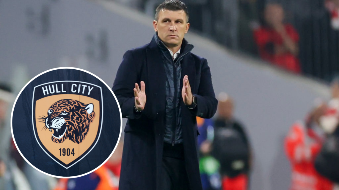 Head coach Sergej Jakirovic of GNK Dinamo gestures during the UEFA Champions League 2024/25 League Phase. Inset, A general view of the Hull City ba...