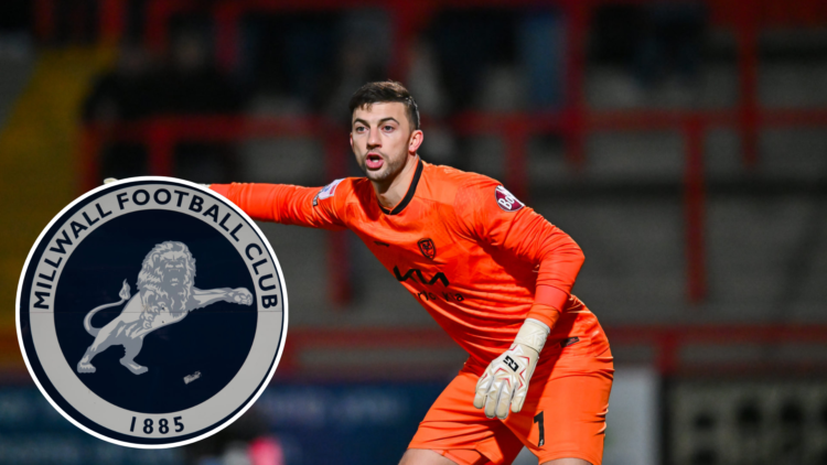Goalkeeper Max Crocombe of Burton Albion gestures during the Sky Bet League 1 match between Stevenage and Burton Albion at the Lamex Stadium. Inset...