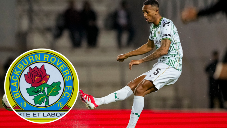 Sidnei Tavares of Moreirense passes the ball during the Liga Portugal Betclic match between Moreirense FC and Vitória SC. Inset, Blackburn Rovers c...