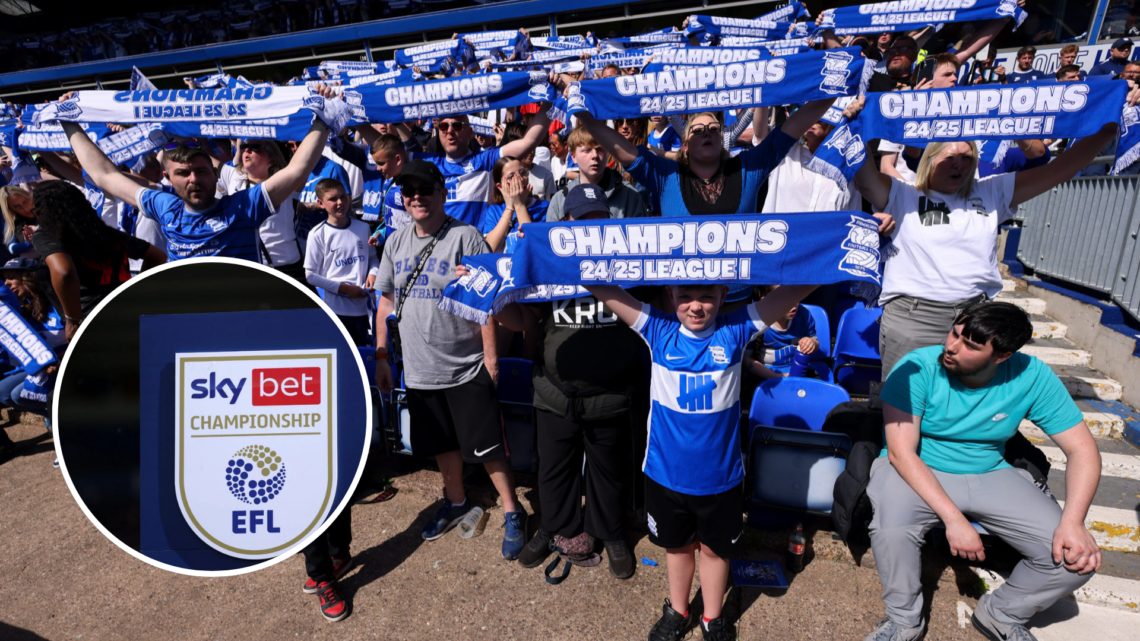 Fans of Birmingham City hold up Champions 24/25 league one scarves during the Sky Bet League One match between Birmingham City FC and Mansfield Tow...