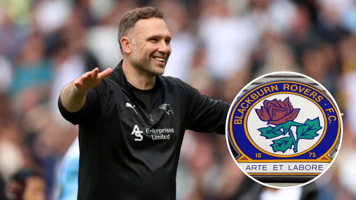 John Eustace, Manager of Derby County, celebrates avoiding relegation after Derby County draw 0-0 with Stoke City in the Sky Bet Championship. Inse...