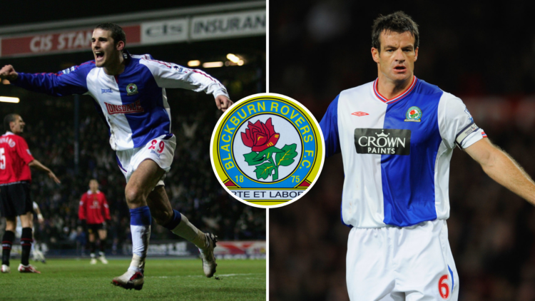 Left, David Bentley of Blackburn Rovers celebrates after scoring during the Barclays Premiership match between Blackburn Rovers and Manchester Unit...