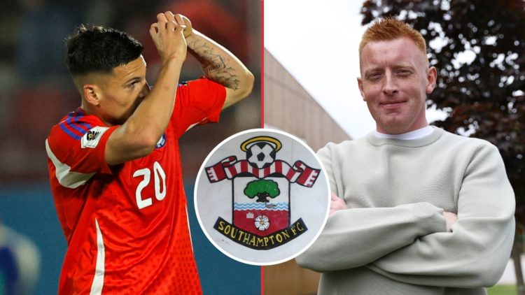 Left image, Chile's forward #20 Lucas Cepeda celebrates after scoring his team third goal during the 2026 FIFA World Cup South American qualifiers ...