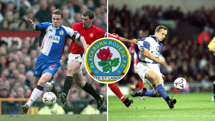 Left, Barry Ferguson of Blackburn Rovers and Roy Keane of Manchester United challenge during the Premier League match Right, Kevin Davies of Blackb...