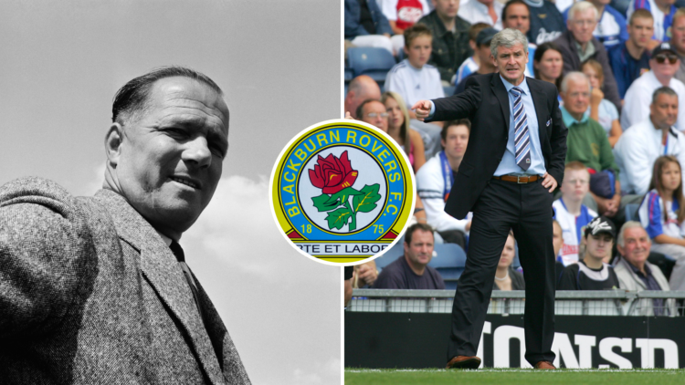 Right, Mark Hughes, Blackburn Rovers Manager on the side line during the Premier League match between Blackburn Rovers and Fulham at Ewood Park. Le...