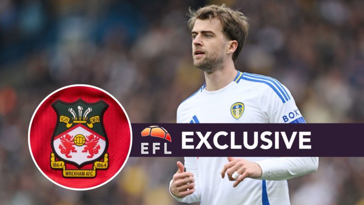 An image of Leeds United striker Patrick Bamford with an inset of the Wrexham crest and exclusive banner.