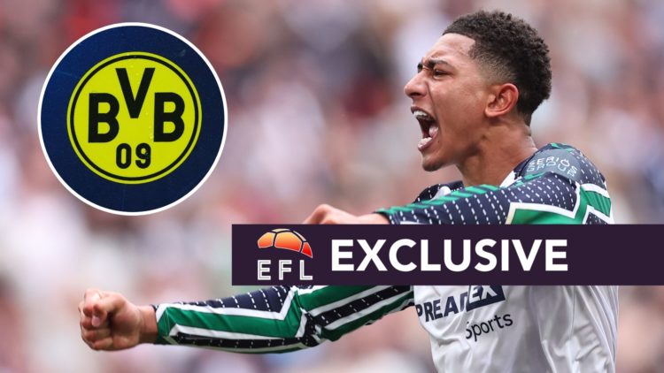An image of Sunderland's Jobe Bellingham with an inset of the Borussia Dortmund badge and exclusive banner.