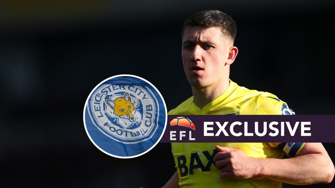 Oxford United captain Cameron Brannagan in action during a Championship game, an inset of a detailed view of the Leicester City badge