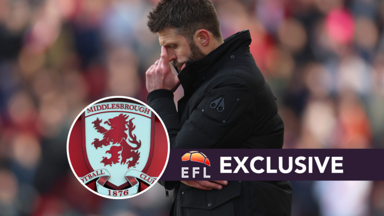 Michael Carrick manager of Middlesbrough reacts during the Sky Bet Championship match between Stoke City and Middlesbrough. A Middlesbrough sign is...