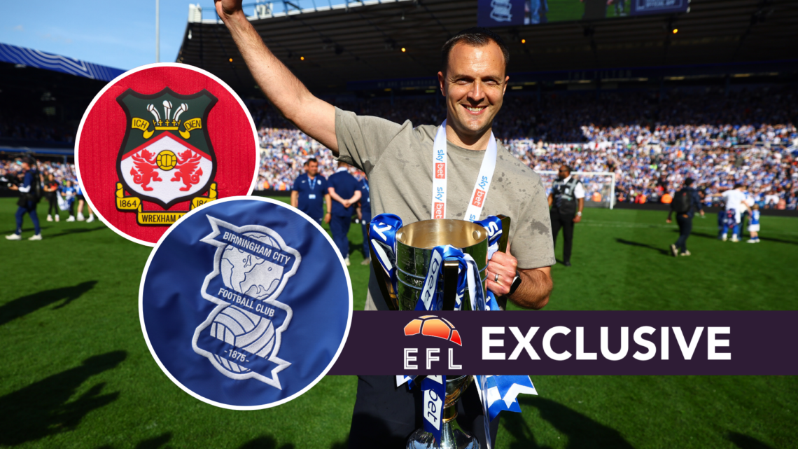 Birmingham City manager Chris Davies. Inset, Birmingham badge and Wrexham badge. Overlaid, exclusive branding.