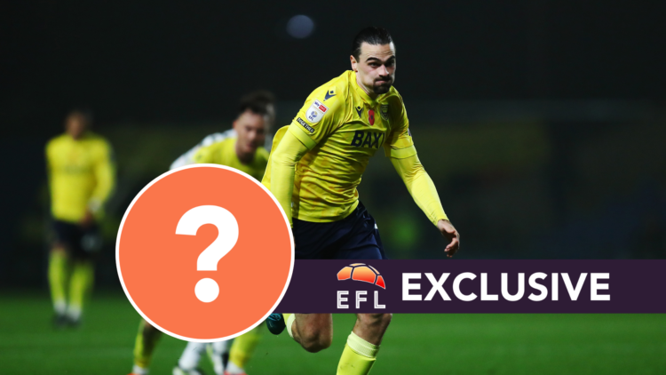 Oxford United's Ciaron Brown. Inset, mystery graphic. Overlaid, exclusive branding.