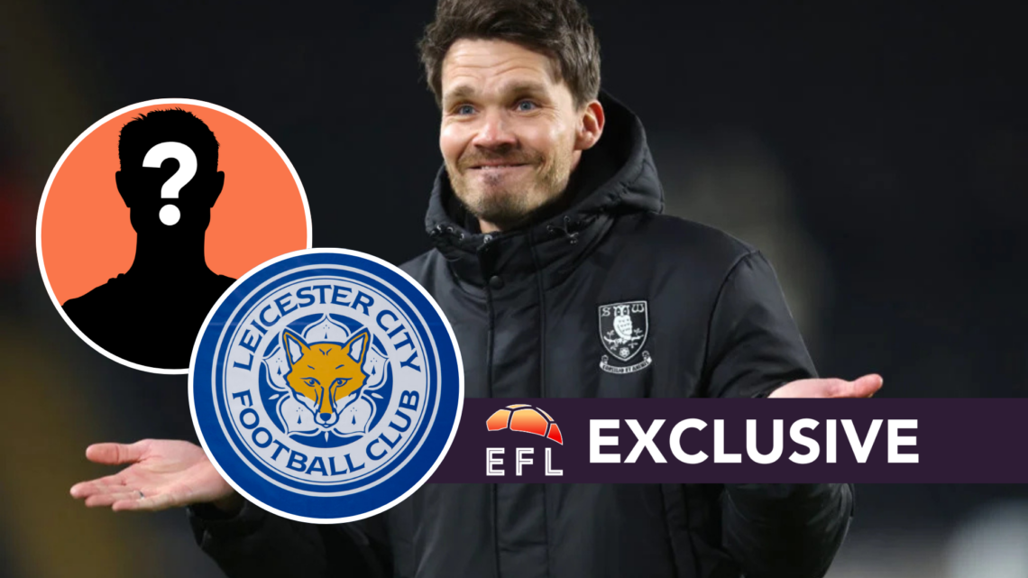 Sheffield Wednesday FC manager Danny Rohl reacts during a Championship game. Overlaid, the Leicester City FC badge, a mystery manager and the EFL A...