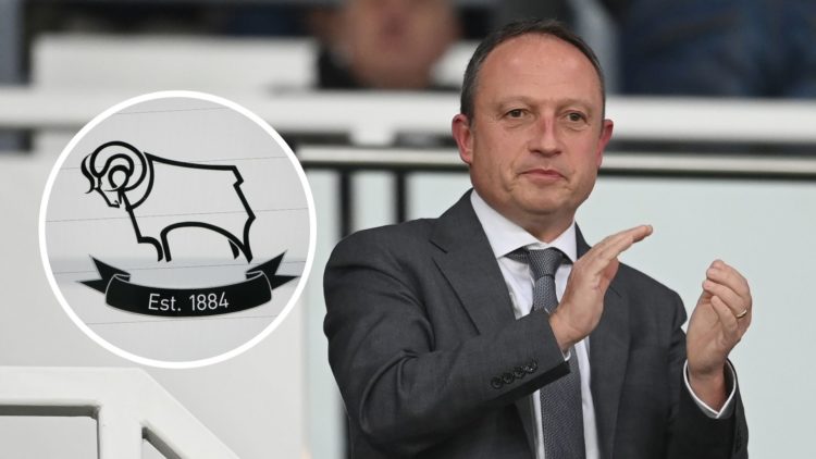 Owner of Derby County David Clowes looks on during the Sky Bet League One between Derby County and Exeter City. Inset, Derby County badge