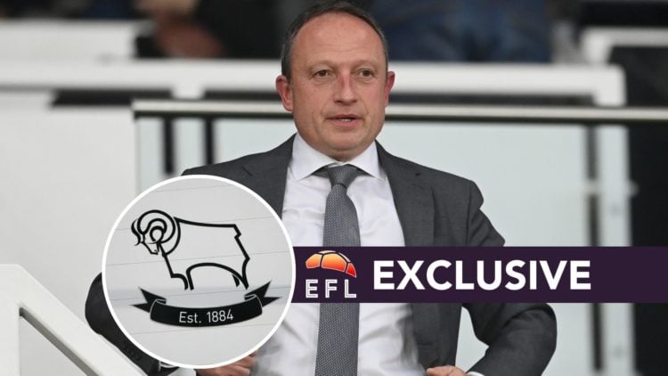Owner of Derby County David Clowes looks on during the Sky Bet League One between Derby County and Exeter City. Inset, Derby County badge. Overlaid...