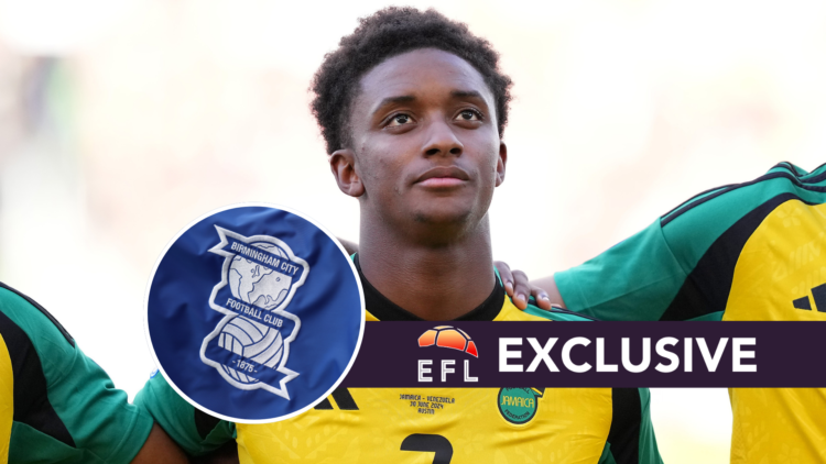 Demarai Gray representing Jamaica. Inset, Birmingham City badge. Overlaid, exclusive branding.