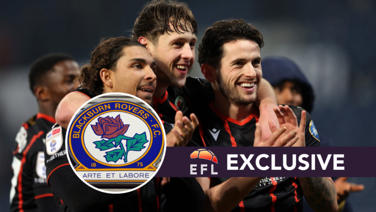 Tyrhys Dolan, Callum Brittain and Lewis Travis of Blackburn Rovers celebrate after the Sky Bet Championship match between West Bromwich Albion FC a...