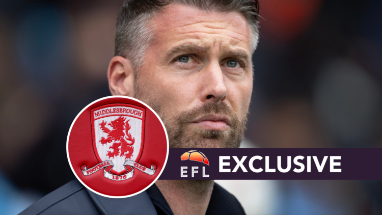 Luton Town manager Rob Edwards before the Premier League match between Manchester City and Luton Town. Middlesbrough logo on the seats in the dugou...