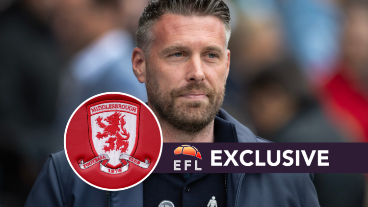 Luton Town manager Rob Edwards before the Premier League match between Manchester City and Luton Town. Middlesbrough logo on the seats in the dugou...