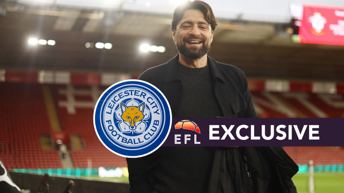 Former Southampton manager Russell Martin, Leicester City badge and EFL Analysis exclusive banner
